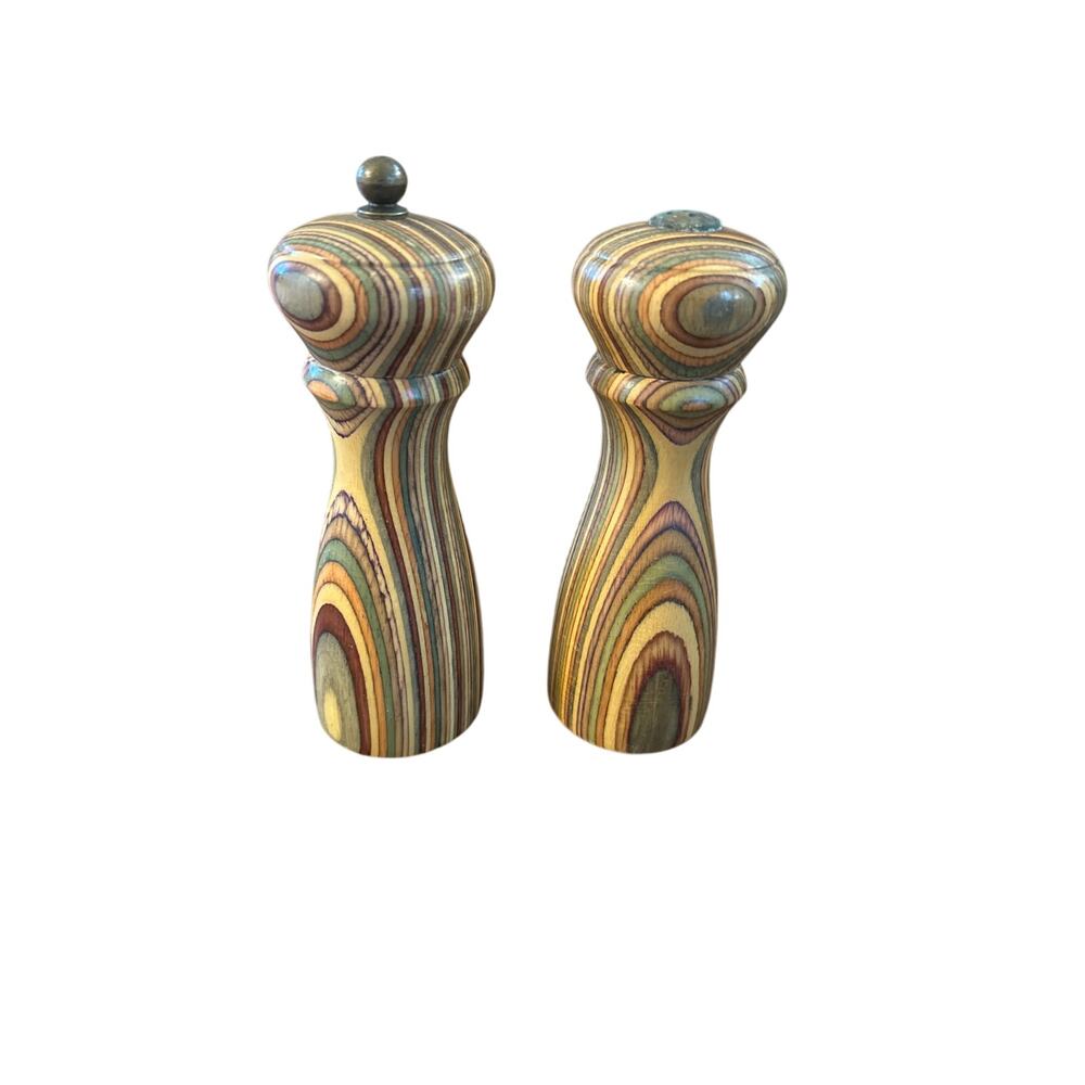 Vintage Mr. Dudley Rainbow Striped Wooden Salt & Pepper Mill Shaker Set MCM Boho